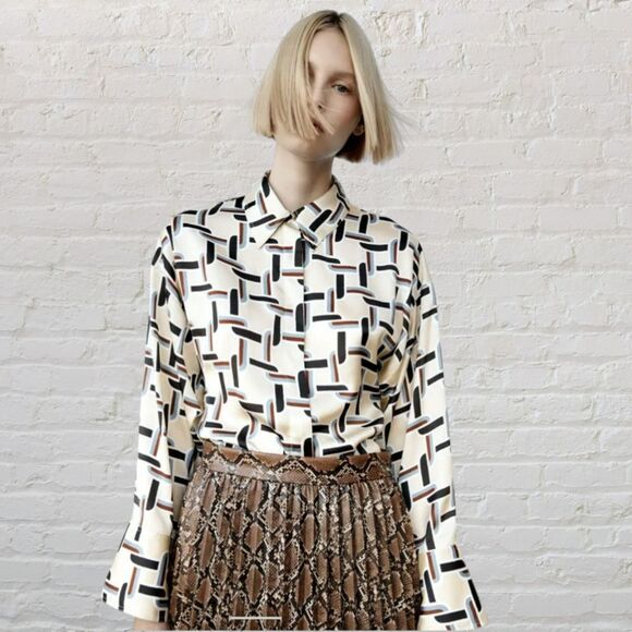 Zara Satin Retro Shirt Geo Chain Cream Blue Button Up Silky Collared Size S - Picture 1 of 16